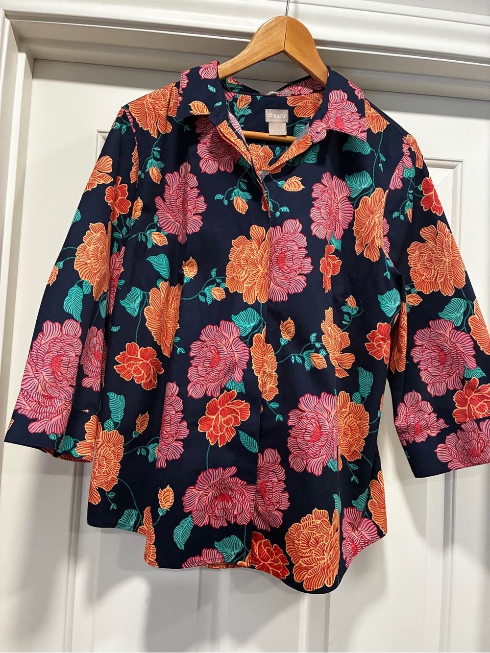 Chico's Navy Floral Button-Up Top with Pink & Orange Blooms